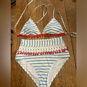 COCOSHIP White & Blue Striped Women’s' Swim Bikini with Pink Pom Trim